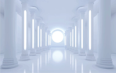 Illuminated corridor interior design. Abstract Futuristic tunnel with light background. 3D rendering.
