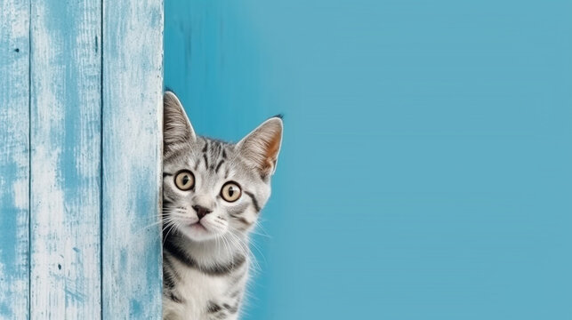 American Shorthair cat emerges from blue wall.Generative Ai.