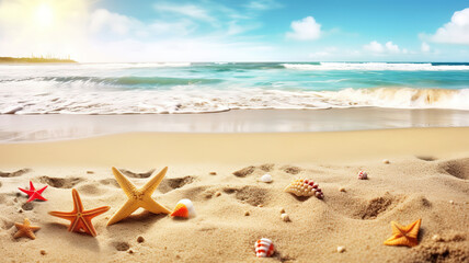 Fototapeta na wymiar Patriotic USA background with starfishes and decorations on the sandy beach. Generative Ai