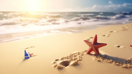 Fototapeta na wymiar Patriotic USA background with starfish on the sandy beach. Generative Ai