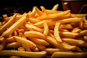 delicious French fries on a wooden table