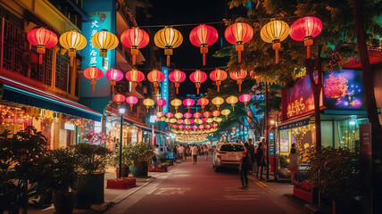 Street illumination signs at Singapore China Town to celebrate Mid-Autumn Festival. Generative Ai - obrazy, fototapety, plakaty