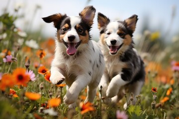 Playful Puppies in a Flower-Filled Meadow