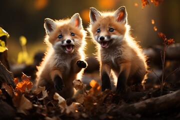 Obraz premium Playful Red Fox Cubs at Play