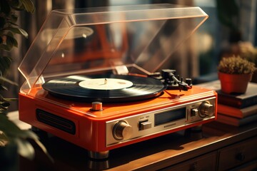 Retro Record Player and Vinyl Collection - obrazy, fototapety, plakaty