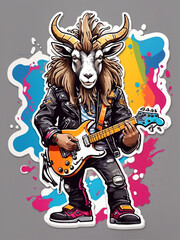 Sticker, T shirt illustration, heavy metal goat wearing a black leather jacket