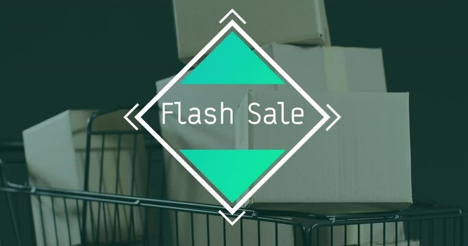 Animation of flash sale text over gift boxes in trolley