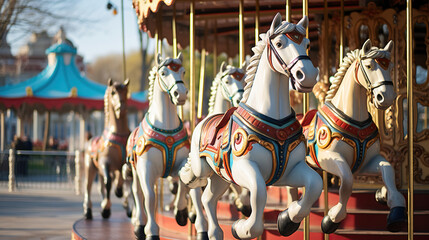 Fototapeta na wymiar Horses Grace the Old French Carousel in the Holiday Park. Generative AI