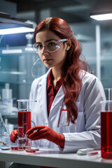 Female scientist doing blood research. Laboratory, science, technology - obrazy, fototapety, plakaty