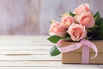 Naklejka na ściany i meble Top view pink roses and gift box on white wooden table.Generative Ai.