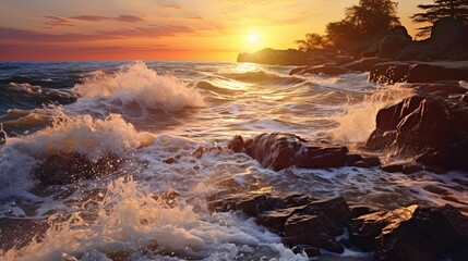 Fototapeta premium Ocean waves splashing against rocks in the evening, generated by AI