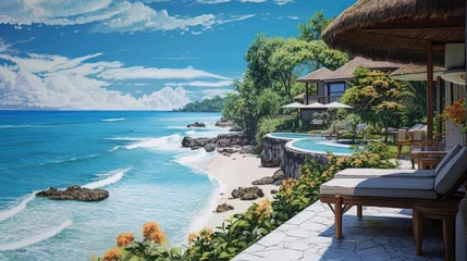 Poster de jardin Coucher de soleil sur la plage Photos of beaches in Bali taken from the villa, generated by AI
