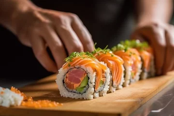 Zelfklevend Fotobehang Sushi bar Chef preparing salmon sushi rolls on the table.Generative Ai.