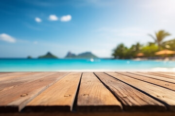 Fototapeta na wymiar Wooden table with beach and sea background.Generative Ai.