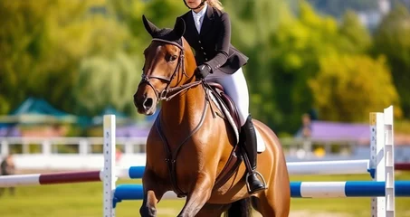 Foto op Plexiglas Beautiful girl on sorrel horse in jumping show, equestrian sports. Light-brown horse and girl in uniform going to jump. Generative AI © Gasspoll
