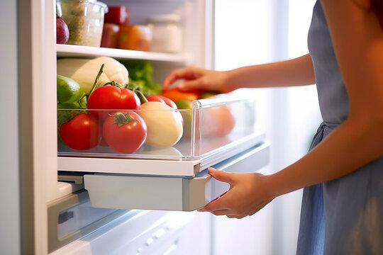 Woman opening a refrigerator full of fruits and vegetables.Generative Ai.