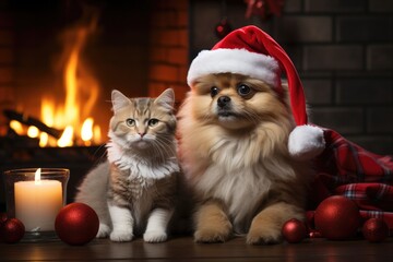 Fototapeta na wymiar cat and dog wearing adorable Santa Claus outfits while sitting side by side next to a festively adorned fireplace 