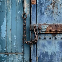Rusty metal chain and padlock on blue wooden door background.