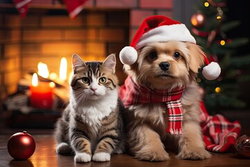 cat and dog wearing adorable Santa Claus outfits while sitting side by side next to a festively adorned fireplace 