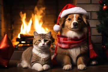 Fototapeta na wymiar cat and dog wearing adorable Santa Claus outfits while sitting side by side next to a festively adorned fireplace