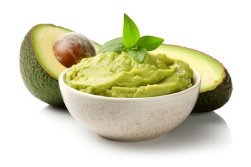 Fresh avocado with guacamole bowl isolated on white background .Generative Ai.