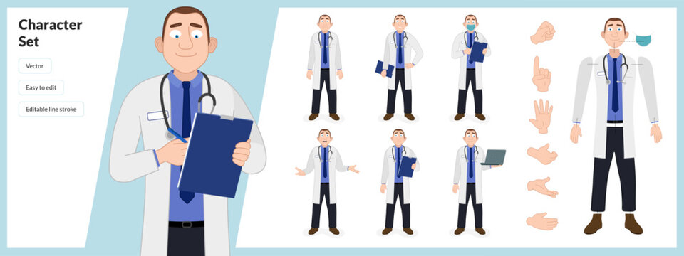 Illustration of male nhs medical doctor, wearing white outfit in a set of multiple poses. Easy to edit with editable line strokes and isolated on white background. Suitable for animation.