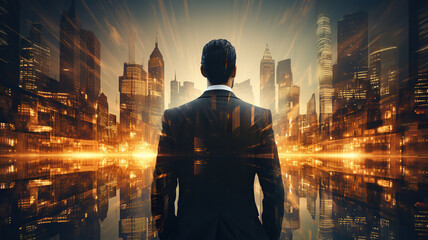 Ambitious businessman portrait plan financial or real estate strategy with double exposure urban cityscape skyscraper background as concept for commercial district concept. Generative AI - obrazy, fototapety, plakaty