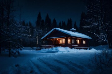 Snow-covered house in dark of night. It is surrounded by trees and appears to be lit up from within. A bench can also be seen near house, adding to its cozy atmosphere