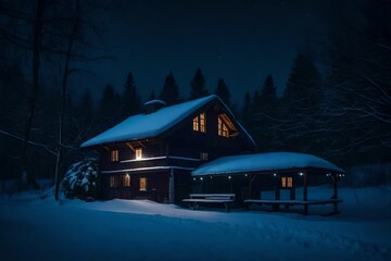 Snow-covered house in dark of night. It is surrounded by trees and appears to be lit up from within. A bench can also be seen near house, adding to its cozy atmosphere