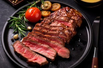 Grilled beef steak with seasoning and vegetables