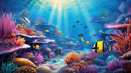  an underwater scene with corals and fish in the water.  generative ai