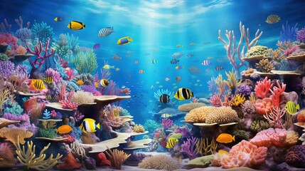  an underwater scene with corals and fish in the water.  generative ai