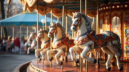 Horses Whirl on the Merry-Go-Round at the Amusement Park. Generative AI - obrazy, fototapety, plakaty