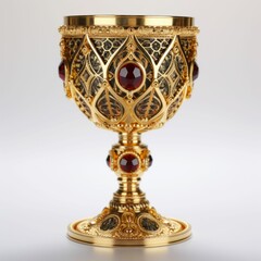 Ancient Bejeweled Royal Goblet Gold Chalice Isolated on White Background