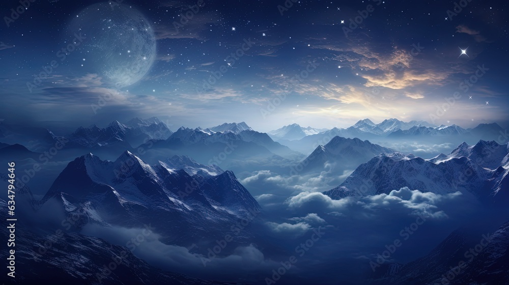 Poster a view of a mountain range at night with the moon in the sky. generative ai