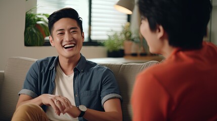 lovely asian couple lgbtq smiling positive conversation sit on sofa together embrace enjoy wekend moment relationship carefree morning lifestyle at home,ai generate