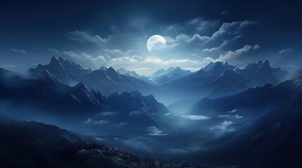  a painting of a mountain range with a full moon in the sky.  generative ai
