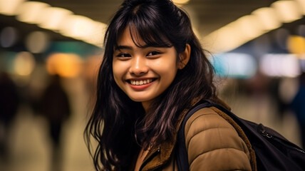 teenager girl or young adult asian, fictional place, in the underground or tunnel or subway with a thick jacket and school bag or backpack, evening or morning, on the way as a commuter