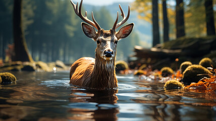 A Serene Deer Wading Through the Water. Generative AI
