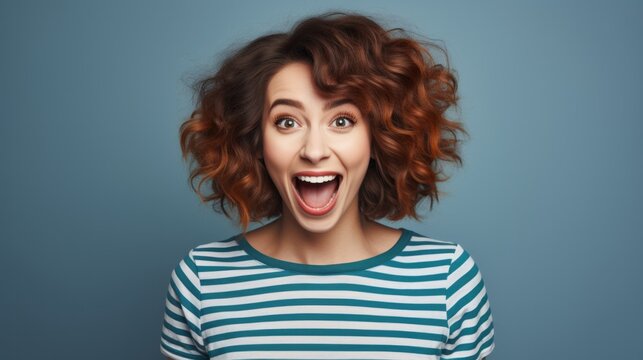 Awe casual female woman stylish cloth with comb hair and surprised expression portrait shot on colour background,ai generate