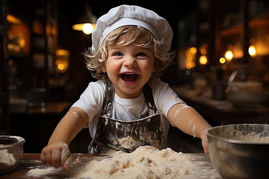 Naklejki Cooking is fun for kids .Little chef playing with doughwith a happy expression