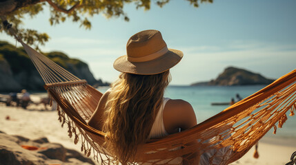 Traveler woman relax in hammock on summer beach. Generative AI