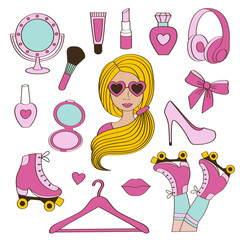 set of isolated barbie, pink accessories, shoes, cosmetic, mirror - 634795282