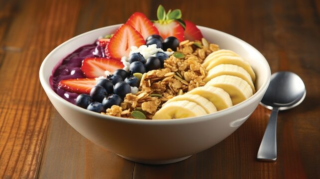  a bowl of granola with fruit and yogurt.  generative ai