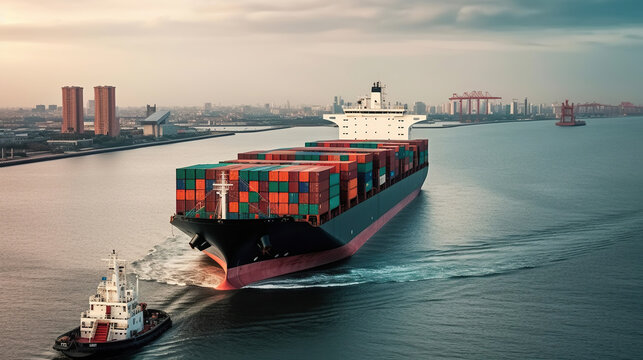 Navigating the Trade Routes, Cargo Ship Sailing Through a Bustling Port. Generative AI
