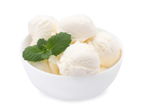 Delicious vanilla ice cream and mint in bowl isolated on white