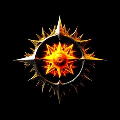 Abstract 8 5 6 9 10 12 pointed fractal cosmic sun burning in flame with smoke chaos star pentagram with cracked volcanic lava ground material symbolic realistic image