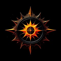 Abstract 8 5 6 9 10 12 pointed fractal cosmic sun burning in flame chaos star pentagram with cracked volcanic lava ground material symbolic realistic image