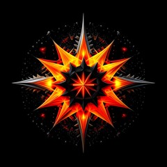 Abstract 8 5 6 9 10 12 pointed fractal cosmic sun burning in flame chaos star pentagram with cracked volcanic lava ground material symbolic realistic image