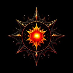 Abstract 8 5 6 9 10 12 pointed fractal cosmic sun burning in flame chaos star pentagram with cracked volcanic lava ground material symbolic realistic image